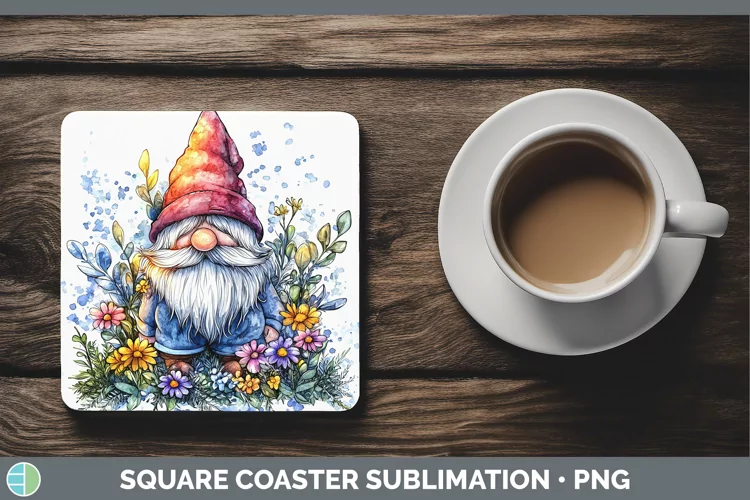 Watercolor Splash Gnome Square Coaster Sublimation Coaster D