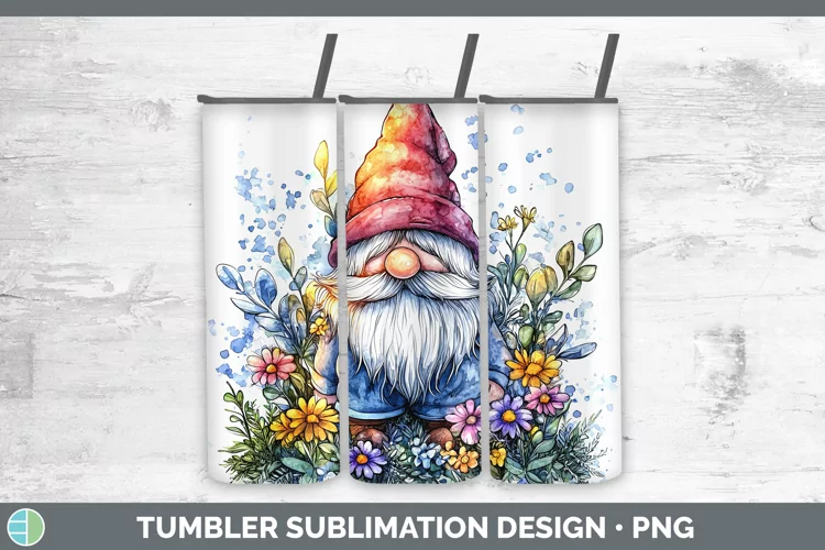 Watercolor Splash Gnome Tumbler Sublimation 20 oz Skinny Tum