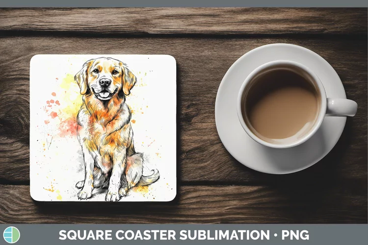 Watercolor Splash Golden Retriever Square Coaster Sublimatio