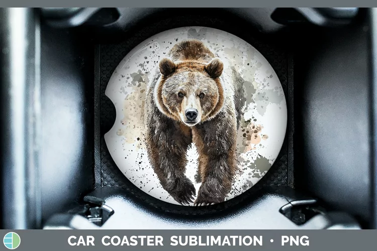 Watercolor Splash Grizzly Bear Car Coaster Sublimation Desi