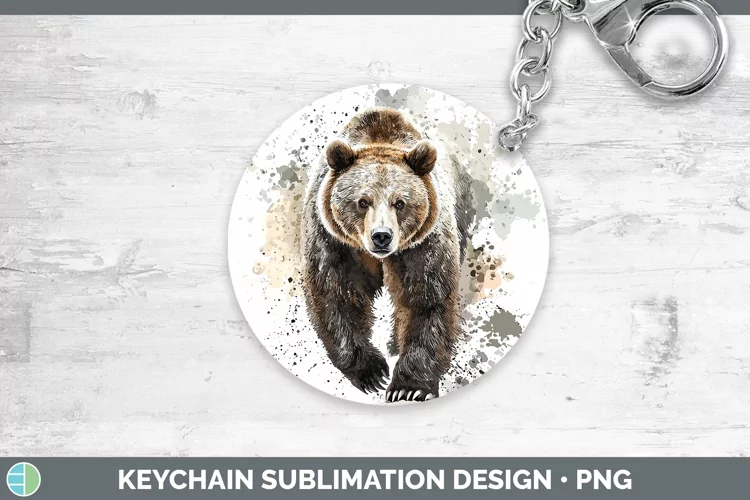 Watercolor Splash Grizzly Bear Keychain Sublimation Keyring