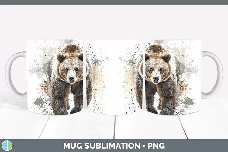 Watercolor Splash Grizzly Bear Mug Wrap Sublimation Coffee C