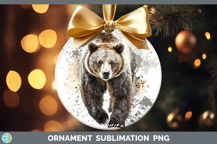 Watercolor Splash Grizzly Bear Ornament Sublimation Bauble D