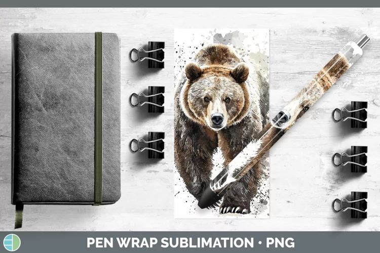 Watercolor Splash Grizzly Bear Pen Wrap Sublimation Pen Desi