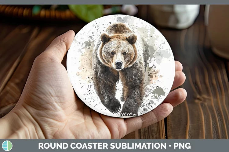 Watercolor Splash Grizzly Bear Round Coaster Sublimation Coa