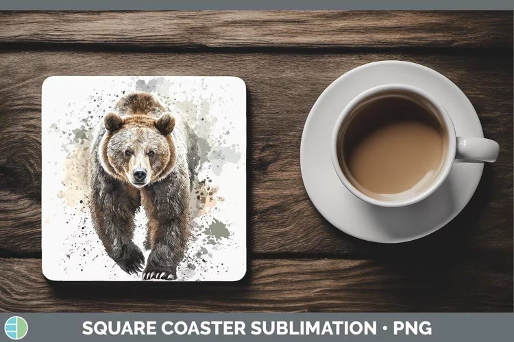 Watercolor Splash Grizzly Bear Square Coaster Sublimation Co