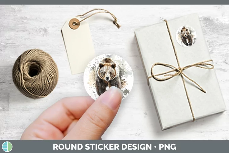 Watercolor Splash Grizzly Bear Stickers | Round Labels Desig