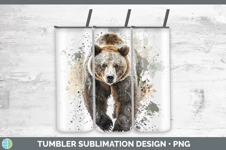 Watercolor Splash Grizzly Bear Tumbler Sublimation 20 oz Ski