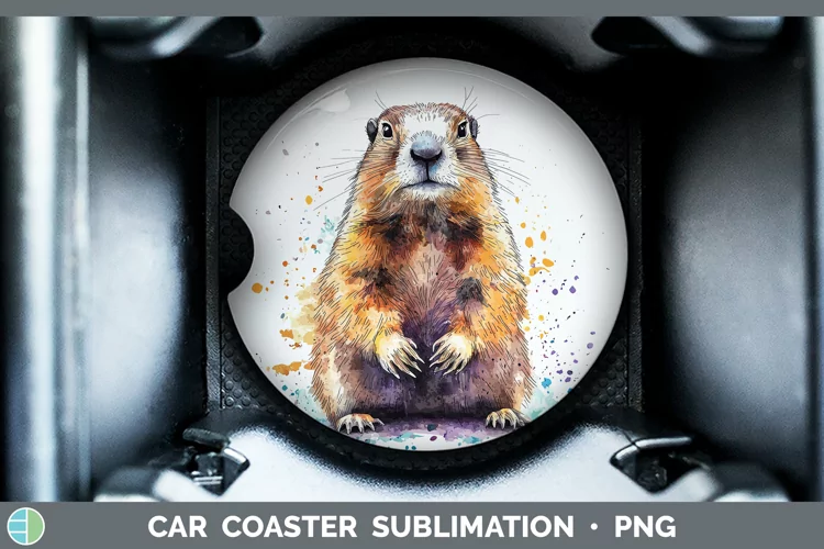 Watercolor Splash Groundhog Car Coaster Sublimation Designs