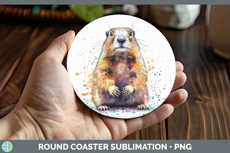 Watercolor Splash Groundhog Round Coaster Sublimation Coaste