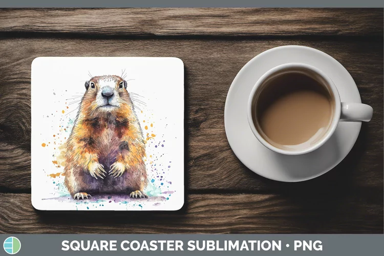 Watercolor Splash Groundhog Square Coaster Sublimation Coast