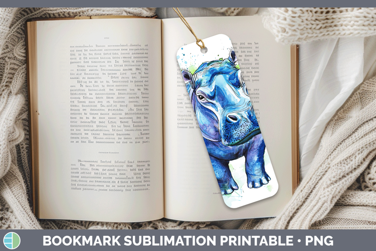 Watercolor Splash Hippo Bookmark Sublimation Printable Desig
