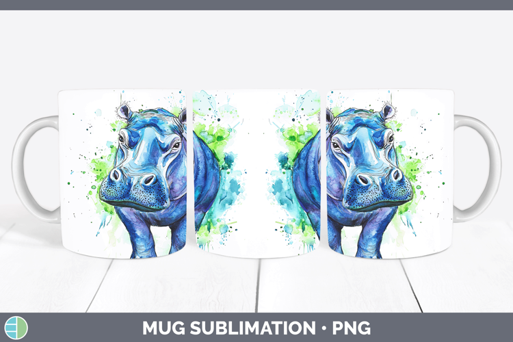 Watercolor Splash Hippo Mug Wrap Sublimation Coffee Cup Desi