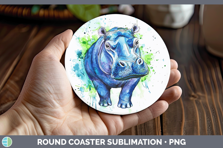 Watercolor Splash Hippo Round Coaster Sublimation Coaster De