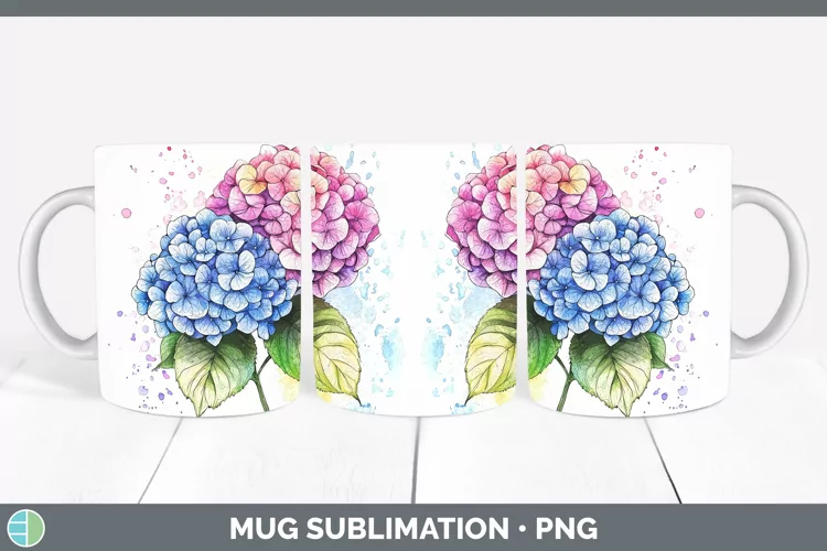 Watercolor Splash Hydrangea Mug Wrap Sublimation Coffee Cup