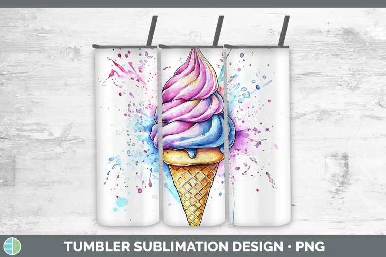Watercolor Splash Ice Cream Tumbler Sublimation 20 oz Skinny