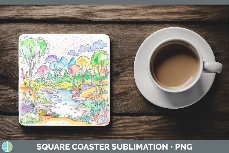 Watercolor Splash Landscape Square Coaster Sublimation Coast