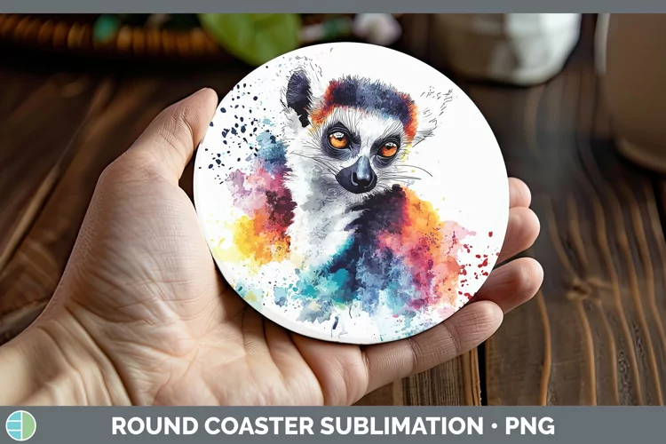 Watercolor Splash Lemur Round Coaster Sublimation Coaster De