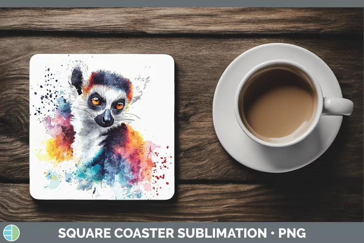 Watercolor Splash Lemur Square Coaster Sublimation Coaster D