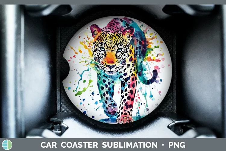 Watercolor Splash Leopard Car Coaster Sublimation Designs