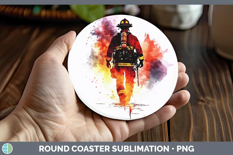 Watercolor Splash Male Firefighter Round Coaster Sublimation