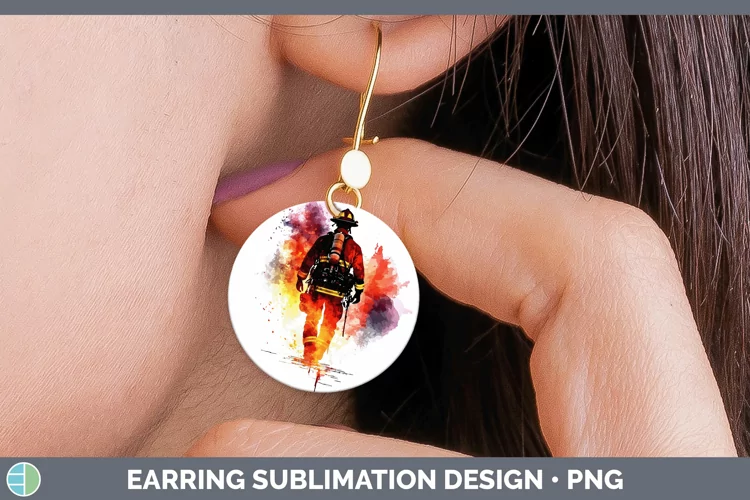 Watercolor Splash Male Firefighter Round Earrings Sublimatio