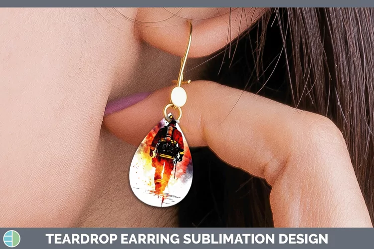 Watercolor Splash Male Firefighter Teardrop Earrings Sublima