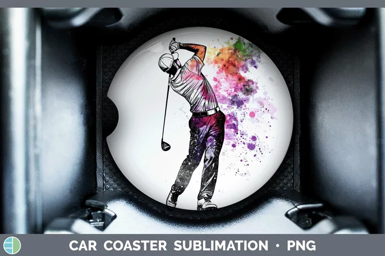 Watercolor Splash Male Golfer Car Coaster Sublimation Desig