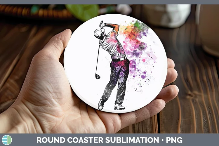 Watercolor Splash Male Golfer Round Coaster Sublimation Coas