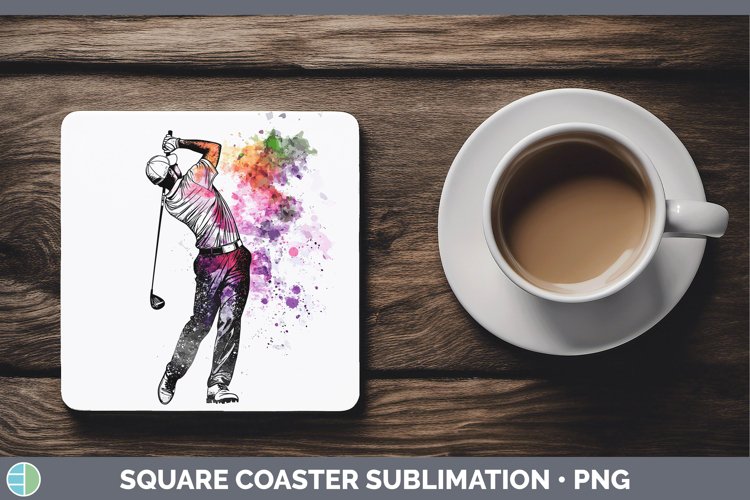 Watercolor Splash Male Golfer Square Coaster Sublimation Coa