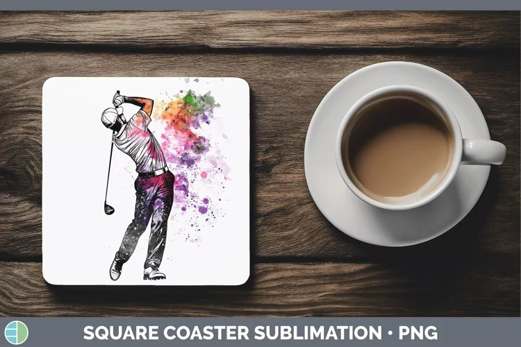 Watercolor Splash Male Golfer Square Coaster Sublimation Coa