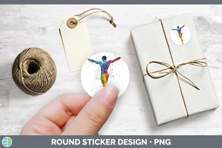 Watercolor Splash Male Gymnast Stickers | Round Labels Desig