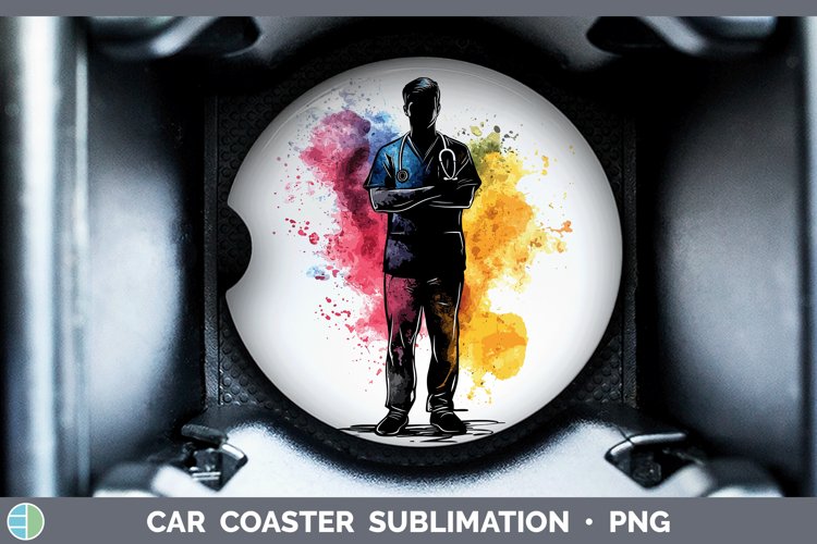 Watercolor Splash Male Nurse Car Coaster Sublimation Design