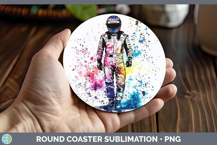 Watercolor Splash Male Race Car Driver Round Coaster Sublima