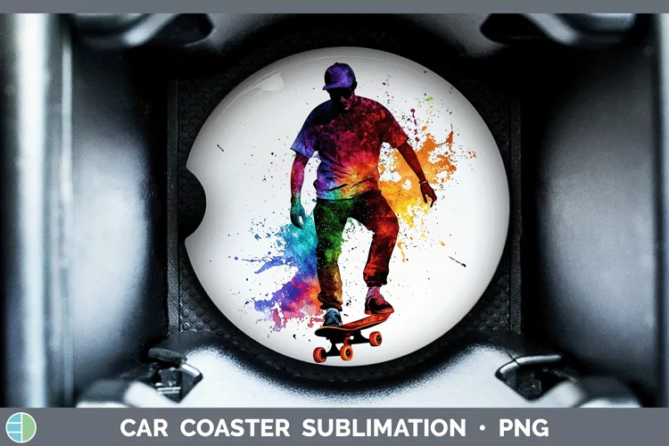 Watercolor Splash Male Skateboarder Car Coaster Sublimation