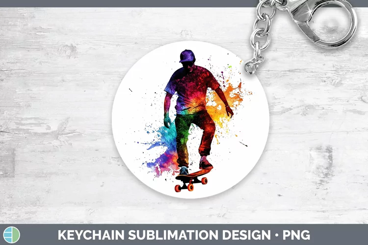 Watercolor Splash Male Skateboarder Keychain Sublimation Key