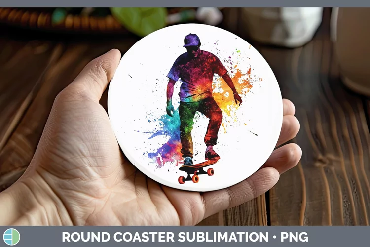 Watercolor Splash Male Skateboarder Round Coaster Sublimatio