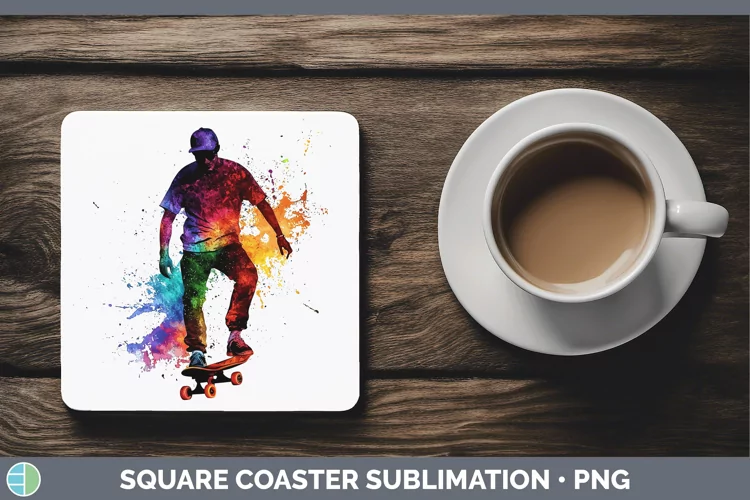 Watercolor Splash Male Skateboarder Square Coaster Sublimati