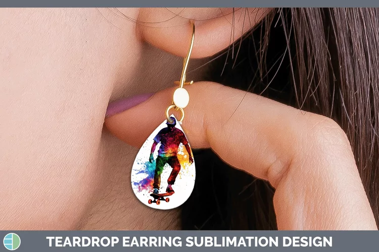 Watercolor Splash Male Skateboarder Teardrop Earrings Sublim