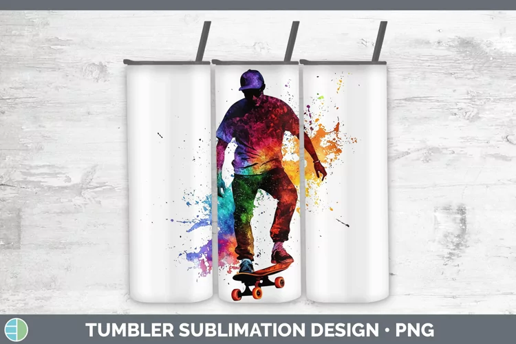 Watercolor Splash Male Skateboarder Tumbler Sublimation 20 o