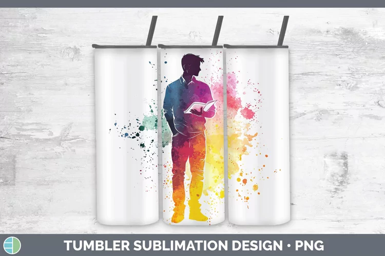 Watercolor Splash Male Teacher Tumbler Sublimation 20 oz Ski