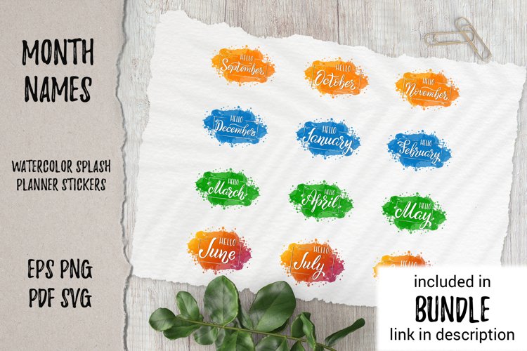 "Planner stickers, 12 months cover, watercolor background, colorful planner stickers"