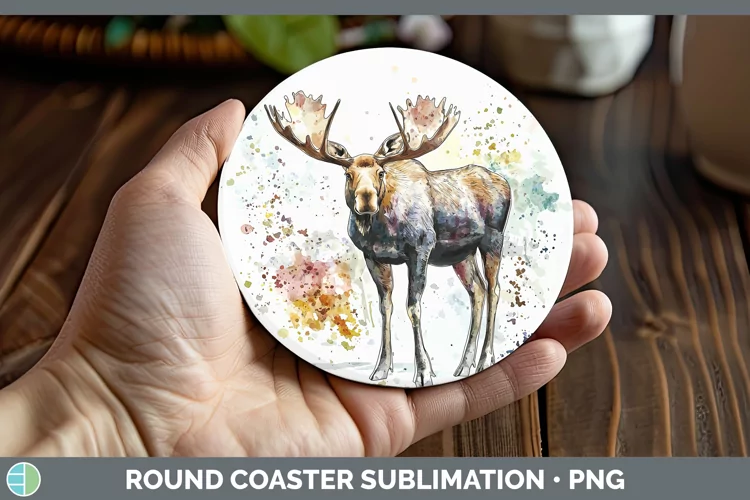 Watercolor Splash Moose Round Coaster Sublimation Coaster De