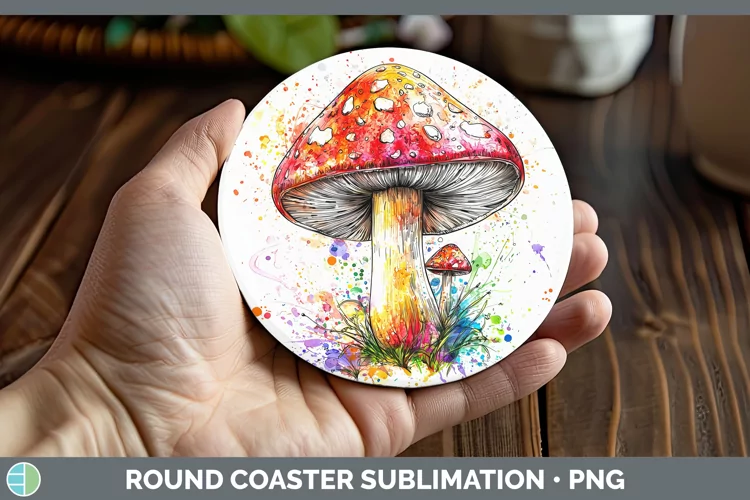 Watercolor Splash Mushroom Round Coaster Sublimation Coaster