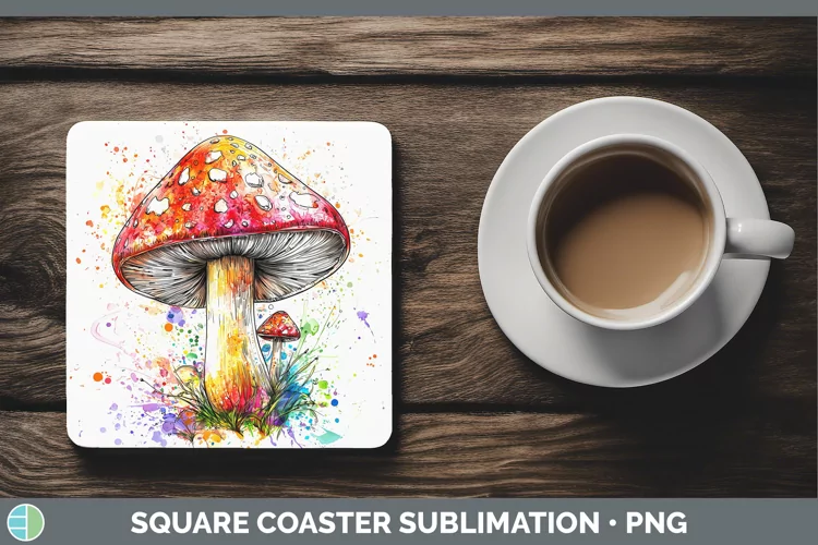 Watercolor Splash Mushroom Square Coaster Sublimation Coaste