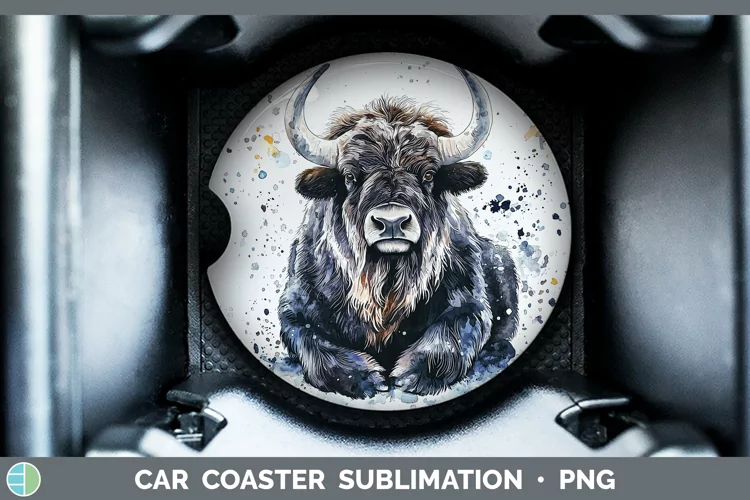 Watercolor Splash Musk Ox Car Coaster Sublimation Designs