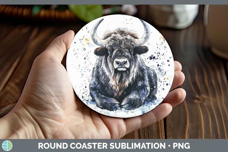Watercolor Splash Musk Ox Round Coaster Sublimation Coaster
