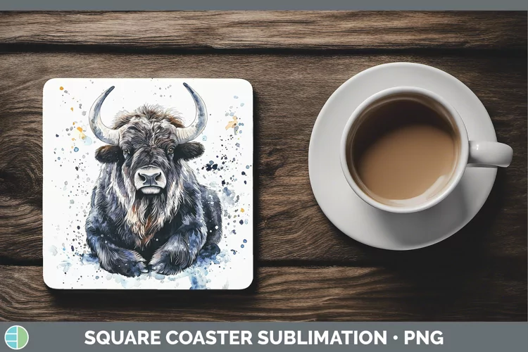 Watercolor Splash Musk Ox Square Coaster Sublimation Coaster