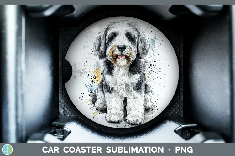 Watercolor Splash Old English Sheepdog Car Coaster Sublimati