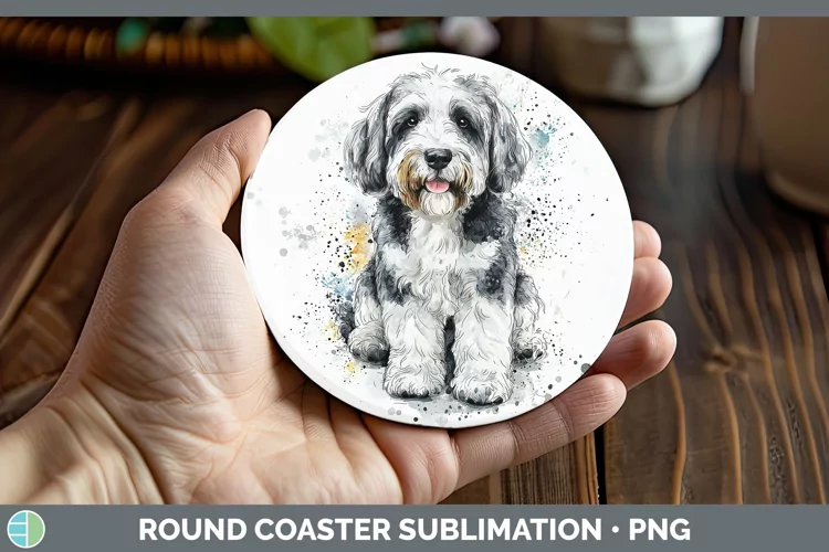 Watercolor Splash Old English Sheepdog Round Coaster Sublima